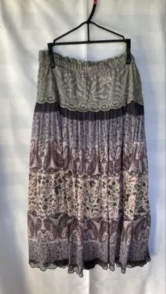 ボヘミアンスタイル グレー系 膝丈スカート ペイズリー ウエストゴム B-30