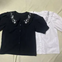 セット売り※バラ売り可 INGNI 刺繍付フリル襟半袖シャツ ブラック＆ホワイト