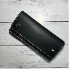 ロングトラッカーウォレット/姫路レザー茶芯黒色/ステッチ白色/フルハンドメイド