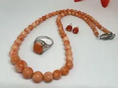 10154天然珊瑚のネックレス・リング・イヤリング３点セットシルバー