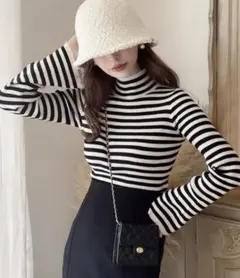 【 グレイル 】GRL ボーダー ハイネック フレアスリーブ ニットトップス L