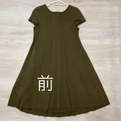 ワンピース　半袖　シンプル　可愛い　カーキ　リボン