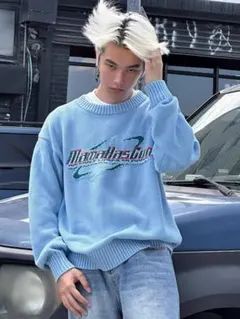 ライトブルー ロゴ刺繍 オーバーサイズニット mamahasgun