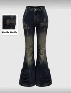 SHEIN 十字架フレアデニム ブーツカット y2k ロック メタル ジーンズ
