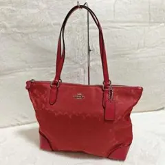 美品✨コーチ ナイロン シグネチャー トートバッグ 手提げ チャーム付 レッド