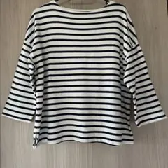 無印良品　ドロップショルダー　白xネイビーボーダーカットソー　七分袖　M-L