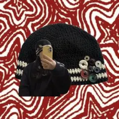 大きめ　ボタン　ビーニー　クラッシャーハット　クロシェハット　ハンドメイド
