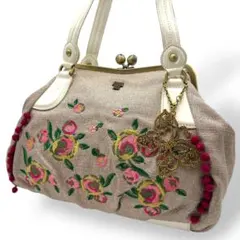 アナスイ ハンドバッグ 腕掛け キャンバス エナメル ベージュ系 がま口 ロゴ