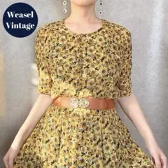 used レトロ古着 ひまわり柄ワンピース 半袖 花柄 黄色 ヴィンテージライク