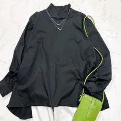 新品タグ付✨ミズイロインド スタンドウィングカラー ギャザーシャツ 黒