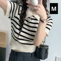 グレイル　GRL　ボーダー柄ポロニットトップス　M　オフホワイトのサムネイル