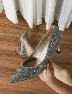シルバー スタッズ付き ハイヒールパンプス 約5cmヒール 結婚式　25センチ