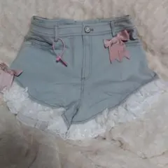 Bobon21 リボンデコ裾レースデニムショーパン ライトブルー ショートパンツ