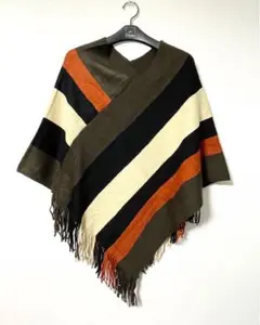 秋冬コーデ★ゆったりフリンジニットポンチョ★体型カバー ストール にも★ブラウン