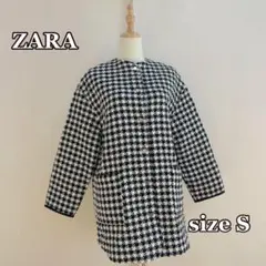 美品ZARA＊千鳥柄ツイードロングコート S ノーカラー キルティング 中綿入り
