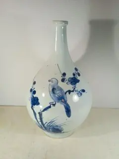 美品】特大38cm 砥部焼 萩窯 花瓶 玉壺春瓶 花鳥紋 染付 飾り壺 華道