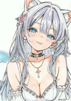 オリジナル手描きイラスト 猫耳 女の子 一点物丸型キャンバス 萌え絵