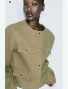 ZARA カーキ ノーカラージャケット