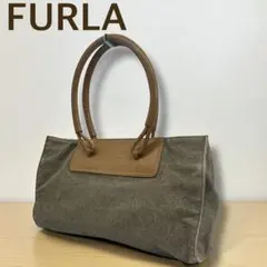 【美品】FURLA フルラ デニム調キャンバス×レザー トートバッグ
