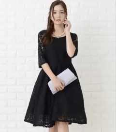 五分袖 総レース フレアワンピース ドレス