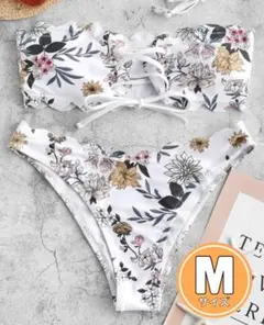 水着 ビキニ 2way バンドゥビキニ レースアップ ボタニカル柄 白 077m