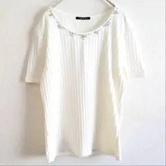 イング　リブカットソー　トップス　ビジュー付き　ラウンドネック　白　M 半袖