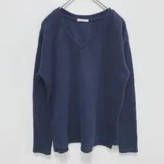 コルザ|Vネック 長袖ニット【M】裾スリット シンプル 着回し 無地 ネイビー