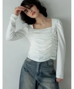 ストレッチリブカットソースクエアネックギャザーパフスリーブトップスMホワイト