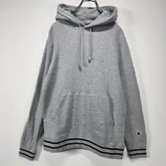 Champion　フーディー　パーカー　M　同色ロゴ　ライン　リブ　グレー　古着