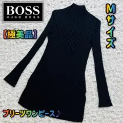 ヒューゴボスHUGO BOSS プリーツワンピース ストレッチMタートルネック黒