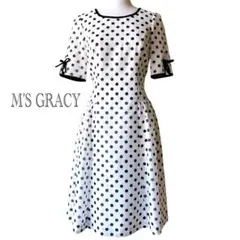 美品✨M’S GRACY エムズグレーシー フレアワンピース ドット 白 リボンのサムネイル