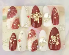 ネイルチップ　赤　金　白　お正月　成人式　和風　和柄　お花