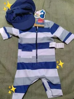 【新品】◎匿名配送◎男児ベビー水着(青ボーダー柄・男児) 帽子付68〜74cm