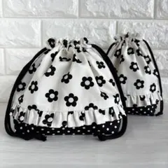 マーガレット柄　お弁当袋&コップ袋　ドット　フリル　お花　おはじき　給食袋