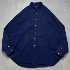 ラルフローレン 無地 シャツ 古着 ブレイク 刺繍 XL 紺 赤 15890