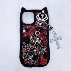 iPhone15ケース デコ電 デコケース 黒 赤 地雷系 ゴスロリ パンク