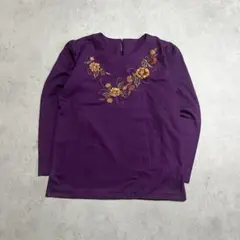 長袖ブラウス トップス パープル 花柄刺繍 レディース古着 【昭和レトロ】