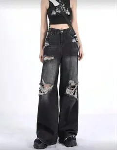 ダメージワイドレッグデニムパンツ