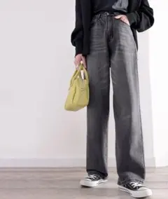 ゆったりハイウエストワイドストレート無地デ ニム＆チノカラーパンツ