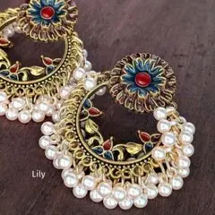 ✨ エスニック フェイクパール タッセル フラワー ピアス大きめ アンティーク