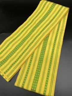 半幅帯　洒落帯　△ 正絹　博多織　献上柄　黄色　緑　H12