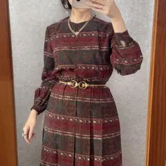 ヴィンテージ レトロ古着 エスニックペイズリー柄ワンピース 渋めカラー