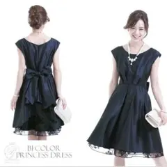 お呼ばれドレス　パーティー　二次会　膝丈　ワンピース　リボン　ネイビー