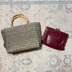 ELLEバンブーハンドル ストロー ハンドバッグ　レザーポーチ付き