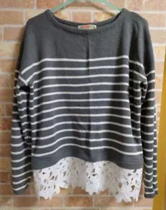 BEAMS HEART ビームスハート ボーダー 裾レース 長袖トップス