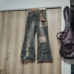 フレアデニムパンツ リペア加工 グレー系 Y2K ブーツカット ヴィンテージ加工