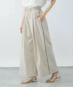 GLOBAL WORK新品遮熱撥水ラインイージーパンツ＊ベージュ/ブラックM