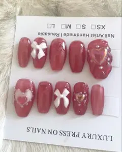 レッド　赤　ハート　キルティング　バレンタイン　ネイルチップ　パール　ちゅるん系