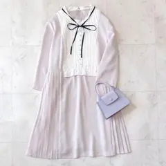 未使用級 ローズティアラ 大きいサイズ46 サイドプリーツ リボン付きワンピース