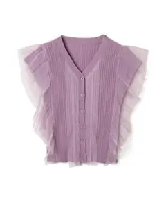 GRL フロントボタン袖チュールトップス フリル付き Vネック カーディガン